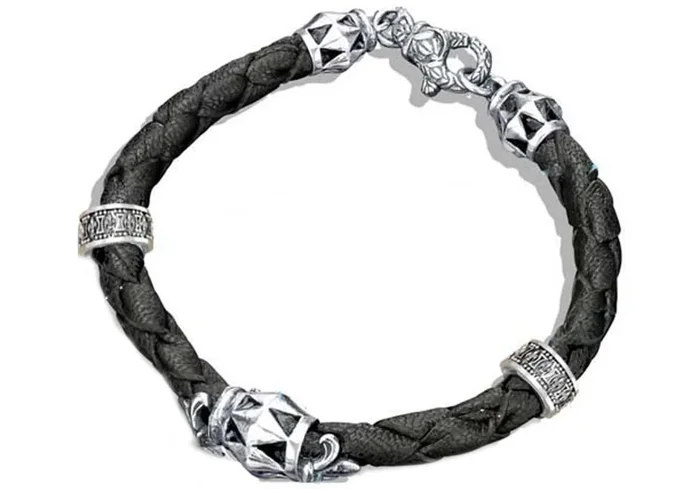 Mens Black Leather And Stainless Steel Bracelet