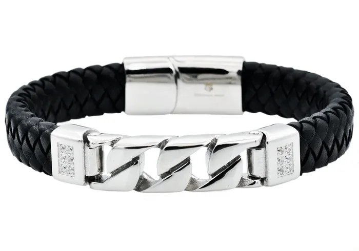 Mens Black Leather And Stainless Steel Imitation Curb Link Bracelet With Cubic Zirconia