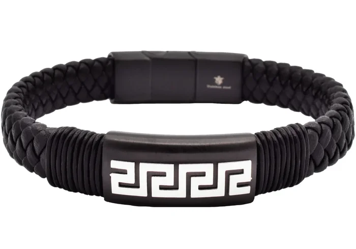 Mens Black Leather Greek Key Stainless Steel Bracelet