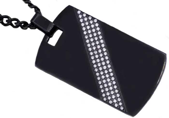 Mens Black Plated Stainless Steel Dog Tag Pendant With Cubic Zirconia