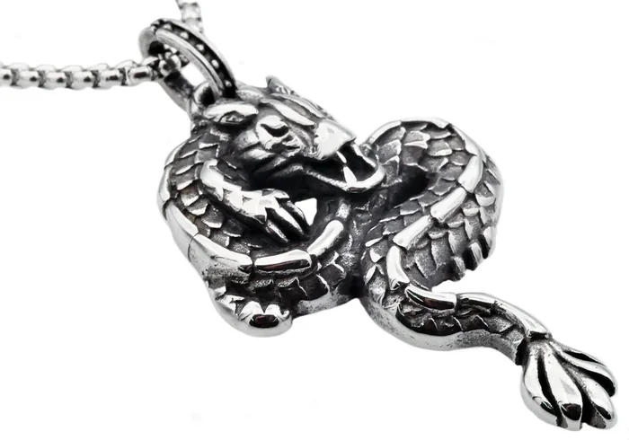 Mens Black Plated Stainless Steel Dragon Pendant
