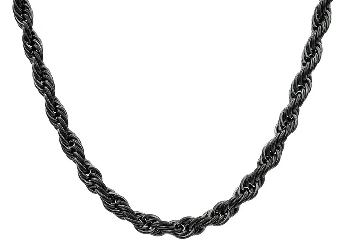 Mens Black Plated Stainless Steel Rope Chain Necklace