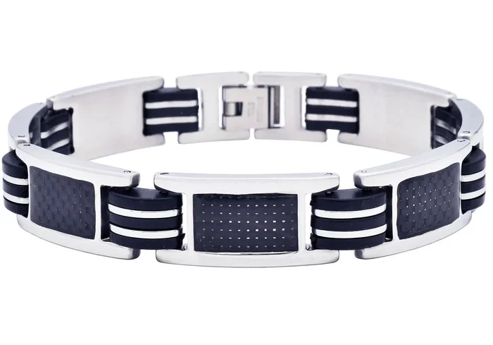 Mens Black Silicone And Stainless Steel Bracelet With Carbon Fiber