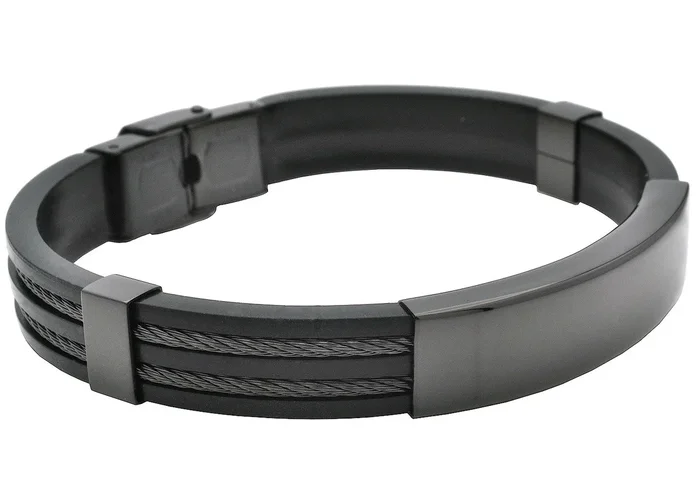 Mens Black Silicone Black Stainless Steel Wire Bangle ID Bracelet