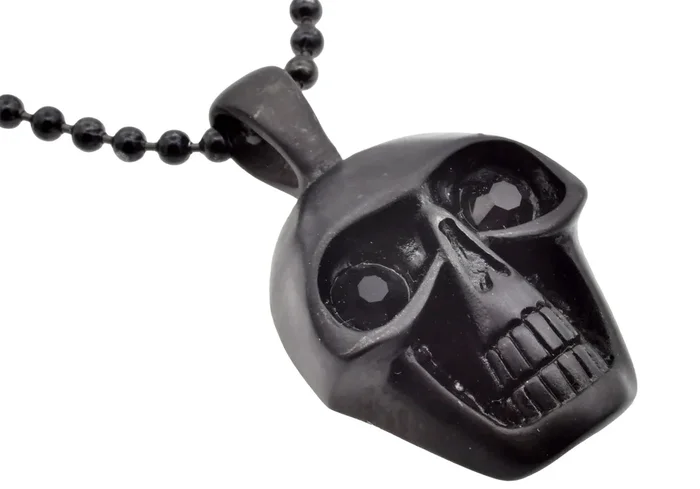 Mens Black Stainless Steel Black Cubic Zirconia Skull Pendant Necklace With 24″ Chain