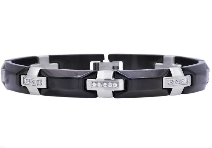 Mens Black Stainless Steel Bracelet With Cubic Zirconia
