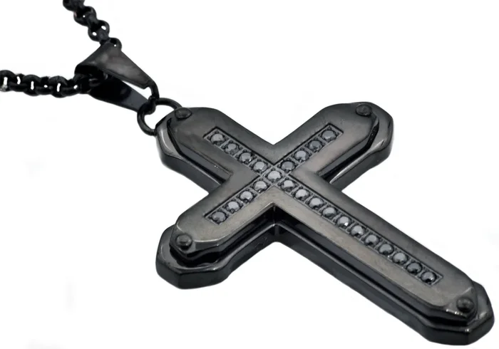 Mens Black Stainless Steel Cross Pendant Necklace With Black Cubic Zirconia