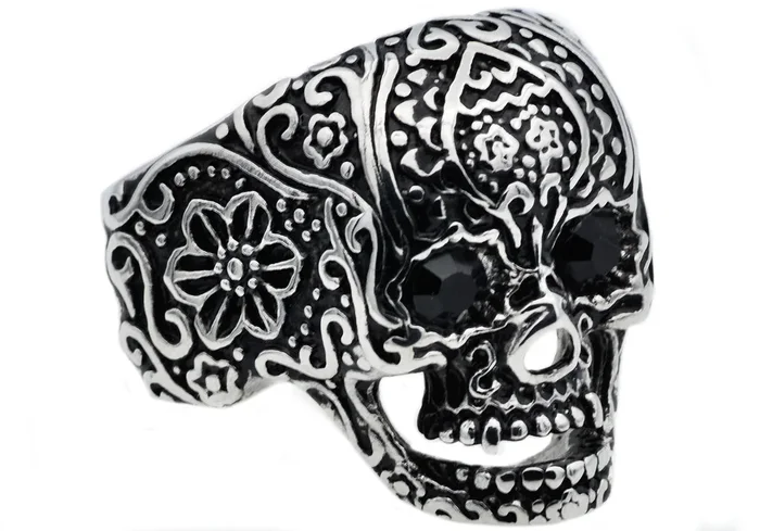 Mens Black Stainless Steel Skull Ring With Black Cubic Zirconia