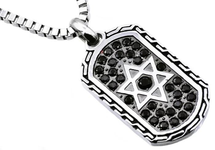 Mens Black Stainless Steel Star Of David Dog Tag Pendant With Black Cubic Zirconia