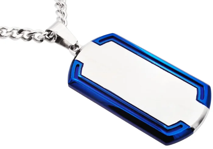 Mens Blue And Silver Stainless Steel Dog Tag ID Pendant With 24″ Curb Chain