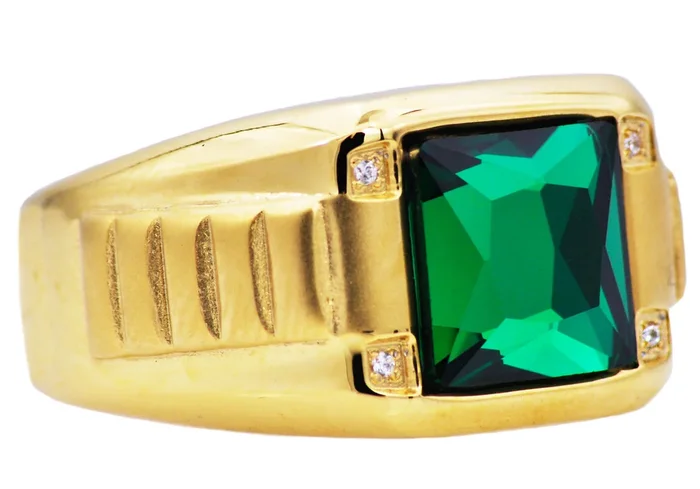 Mens Genuine Green Spinel And Gold Stainless Steel Ring With Cubic Zirconia