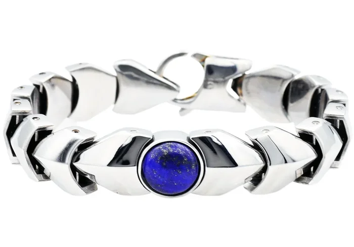Mens Genuine Lapis Lazuli Stainless Steel Bracelet