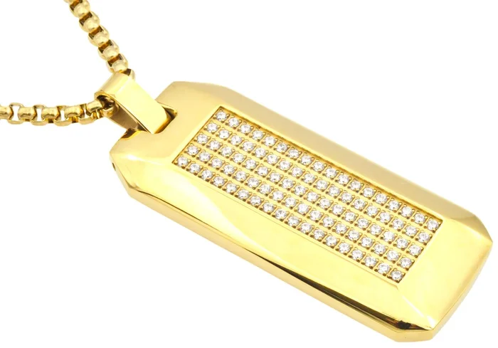 Mens Gold Plated Stainless Steel CZ Dog Tag Pendant Necklace With 24″ Round Box Chain