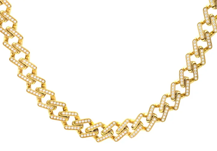 Mens Gold Stainless Steel 14mm Monaco Link 20″ Chain Necklace With Cubic Zirconia