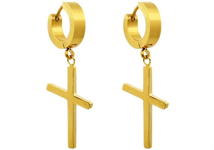 Mens Gold Stainless Steel Cross Hoop Earrings