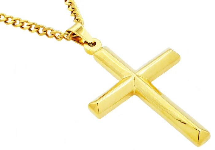 Mens Gold Stainless Steel Cross Pendant With 24″ Curb Chain