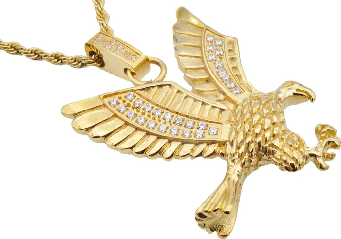 Mens Gold Stainless Steel Cubic Zirconia Eagle Pendant Necklace With 24″ Rope Chain