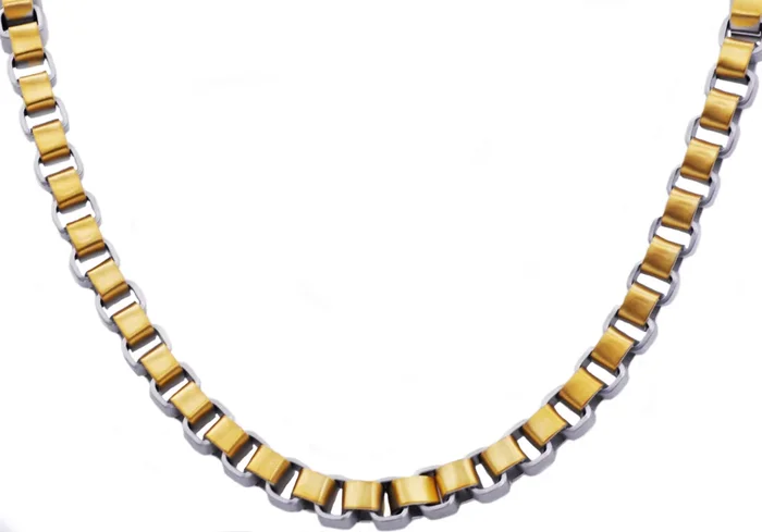 Mens Gold Stainless Steel Two Tone Box Link Chain Necklace