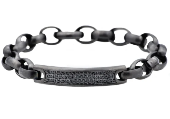 Mens Gunmetal Stainless Steel Bracelet With Black Cubic Zirconia