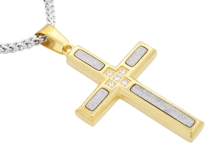 Mens Sandblasted Gold Stainless Steel Cross Pendant With Cubic Zirconia