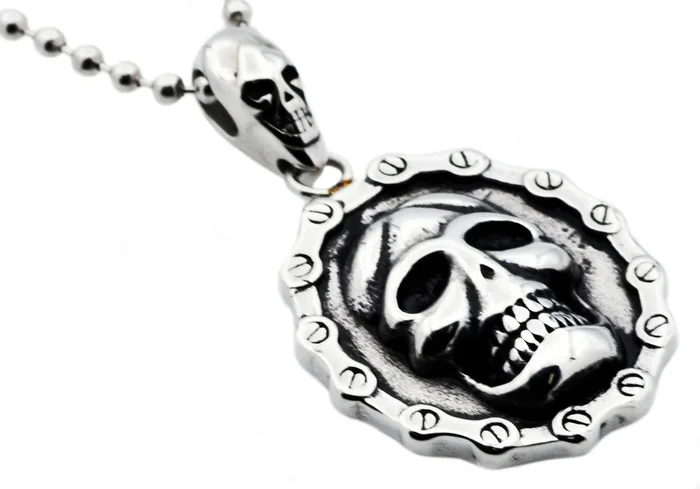 Mens Stainless Steel Biker Skull Pendant Necklace