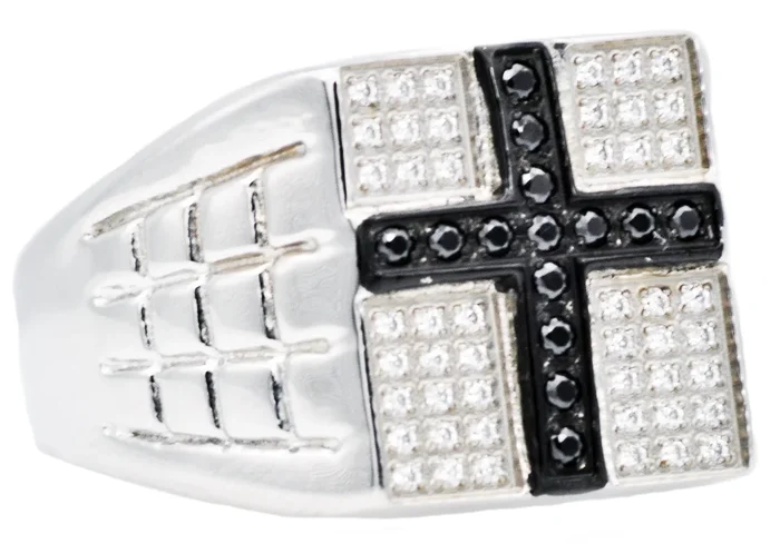 Mens Stainless Steel Cross Ring With White And Black Cubic Zirconia