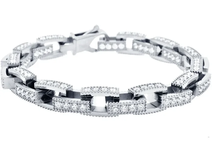 Mens Stainless Steel Square Link Chain Bracelet with Cubic Zirconia