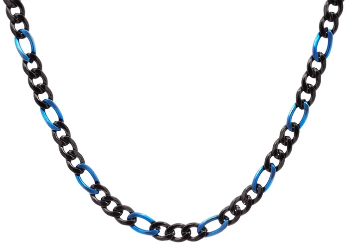 Mens Two-tone Black & Blue Stainless Steel Figaro Link Chain Necklace