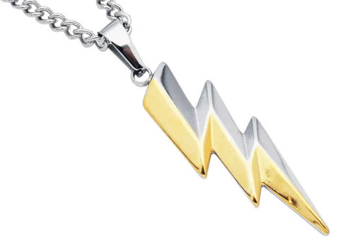 Mens Two-Tone Gold Plated Stainless Steel Thunderbolt Pendant with 24″ Curb Chain