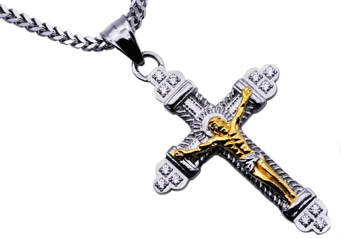 Mens Two Tone Gold Stainless Steel Cross Pendant With 24″ Franco Chain