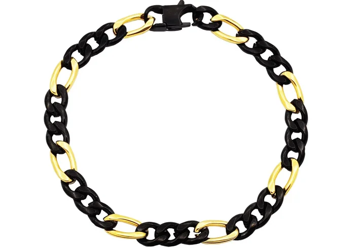 Mens Two-Toned Gold & Black Stainless Steel Figaro Link Chain Bracelet
