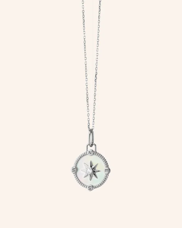 Mini “Adventure” Compass Necklace with Mother of Pearl and White Sapphires
