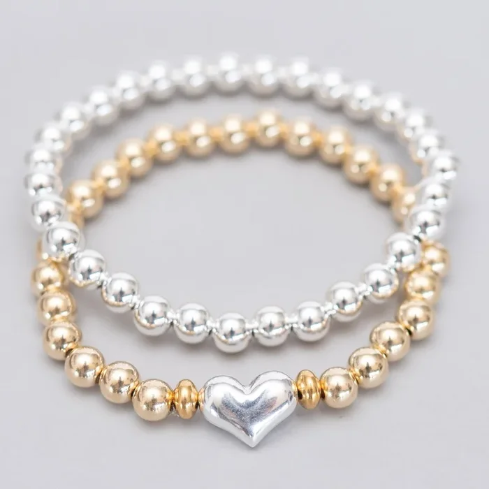 Mixed Metal Beaded Lux Heart Bracelet Set