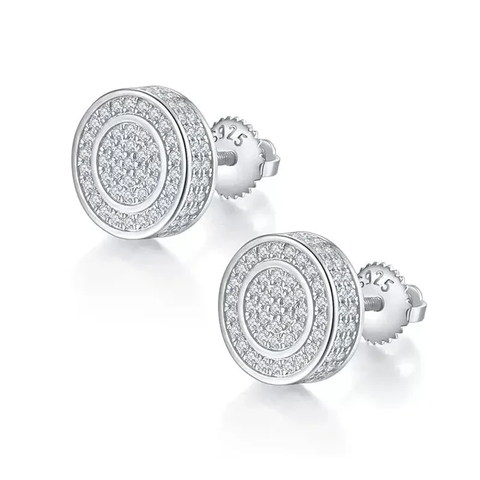 Moissanite Diamond Fully Iced Round Stud Earrings in White Gold – 11mm/Screw Back