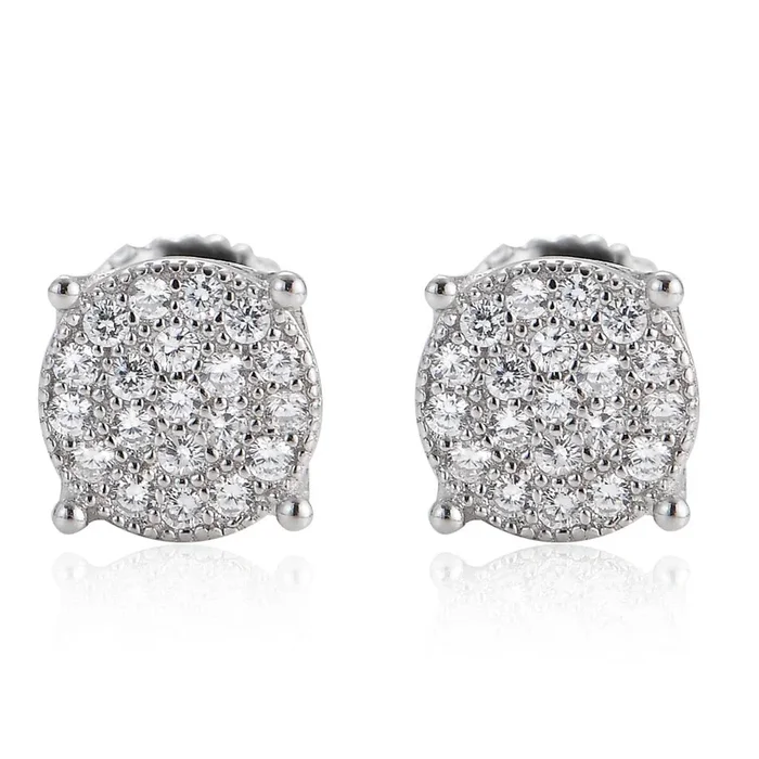 Moissanite Diamond Iced Round Stud Earrings in White Gold – 10mm/Screw Back