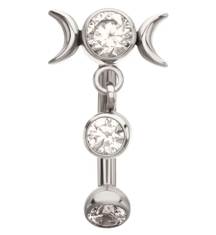 Moon Phase Floating Clear CZ Dangle Titanium Internally Threaded Curved Barbell