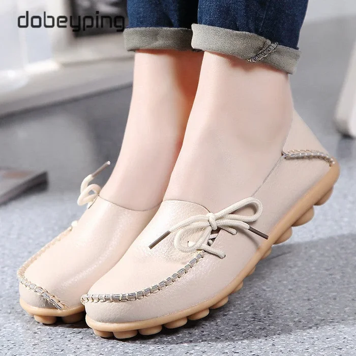 New Moccasins Women Flats 2019 Autumn Woman Loafers Genuine Leather Female Shoes Slip On Ballet Bowtie Women’s Shoe Size 35-44