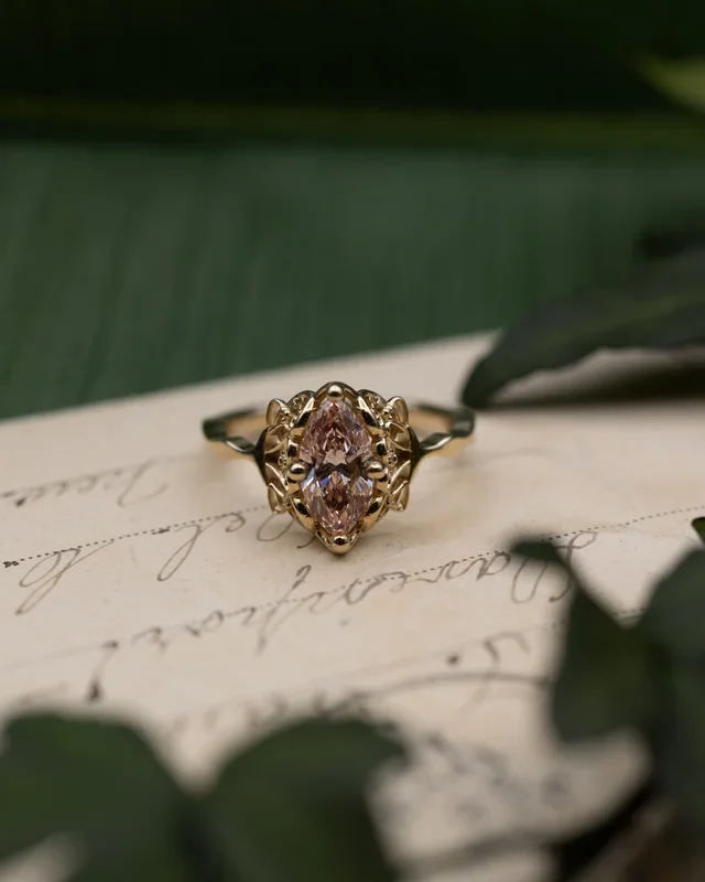 ONE-OF-A-KIND – “BELLAMY” – ORNATE SOLITAIRE ENGAGEMENT RING WITH 1.06CT MARQUISE CUT PINK LAB-GROWN DIAMOND