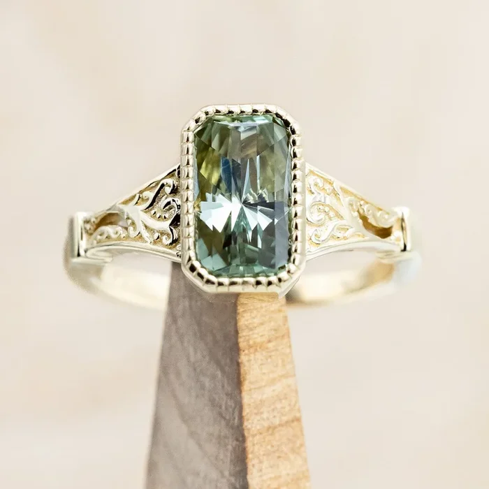 ONE-OF-A-KIND – “SELENE” – RADIANT CUT NATURAL GREEN SAPPHIRE ENGAGEMENT RING