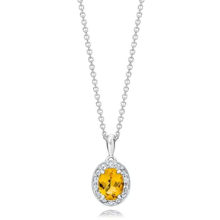 Oval Shaped Citrine & White Topaz Halo Pendant set in 925 Silver