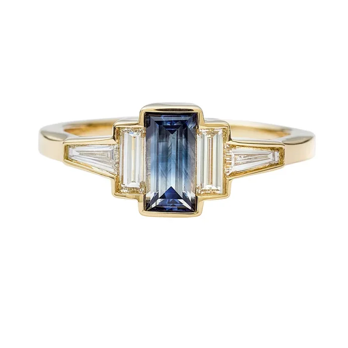Parti Sapphire Art Deco Ring with TLB Diamonds and a Golden Bezel – OOAK