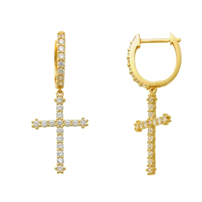 Pave Cross Drop Earrings (14K)