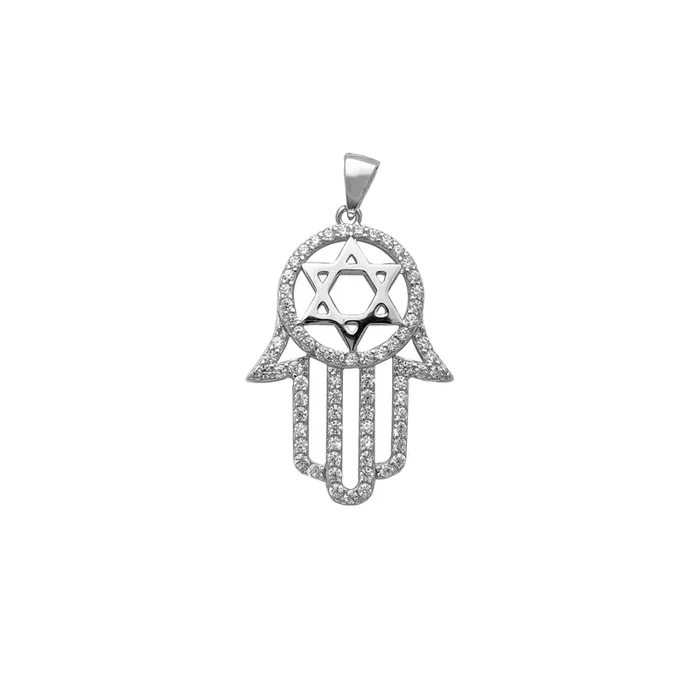 Pave Star of David Hamsa Hand Pendant (Silver)