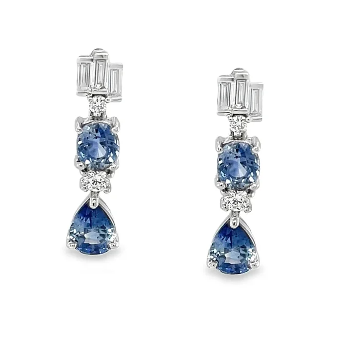 Pear and Oval Shaped Blue Sapphire and Diamond Dangle Earrings in White Gold