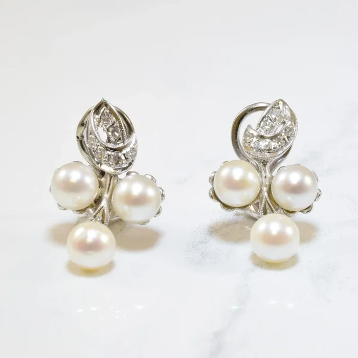 Pearl & Diamond Clip On Earrings | 7.50ctw, 0.20ctw |