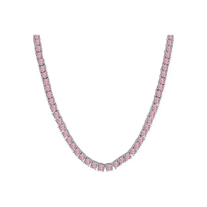 Pink Cubic Zirconia Tennis Necklace/Chain (Silver)