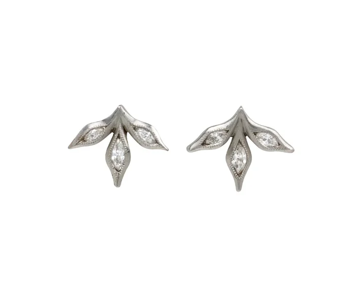 Platinum Marquise Three Leaf Stud Earrings