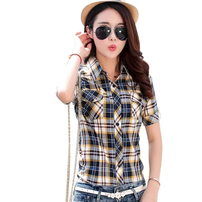Plus Size Women’s Short-Sleeved Plaid Print Summer Style Casual Blouses