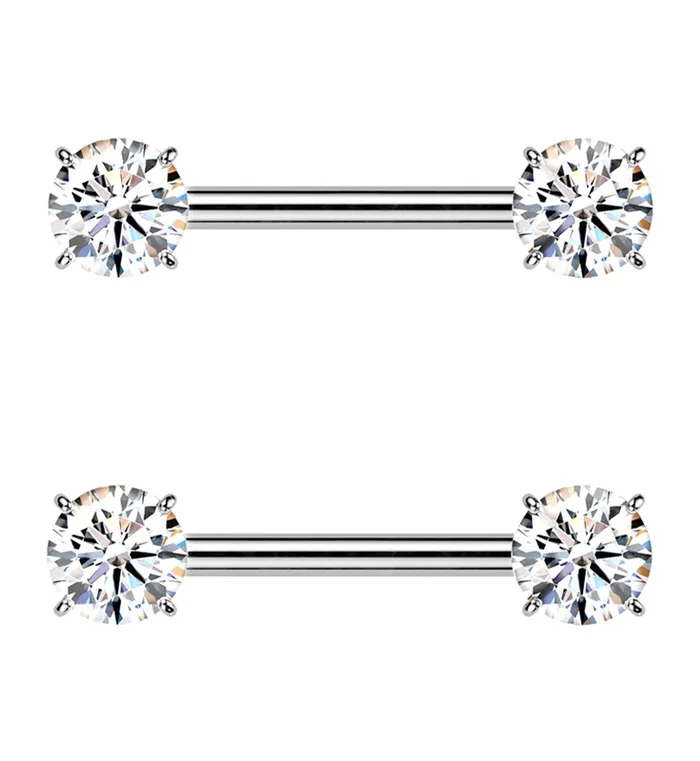 Prong Double Clear CZ Internally Threaded Titanium Nipple Barbell