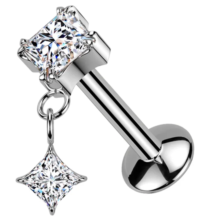 Prong Rhombus Clear CZ Dangle Titanium Convex Disk Labret